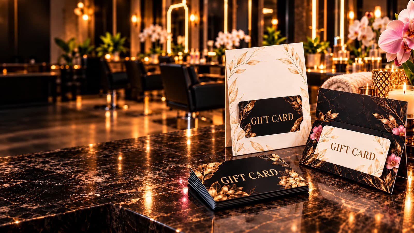 Gift Cards with matching Landscape and Portrait Card Holders in a luxury salon