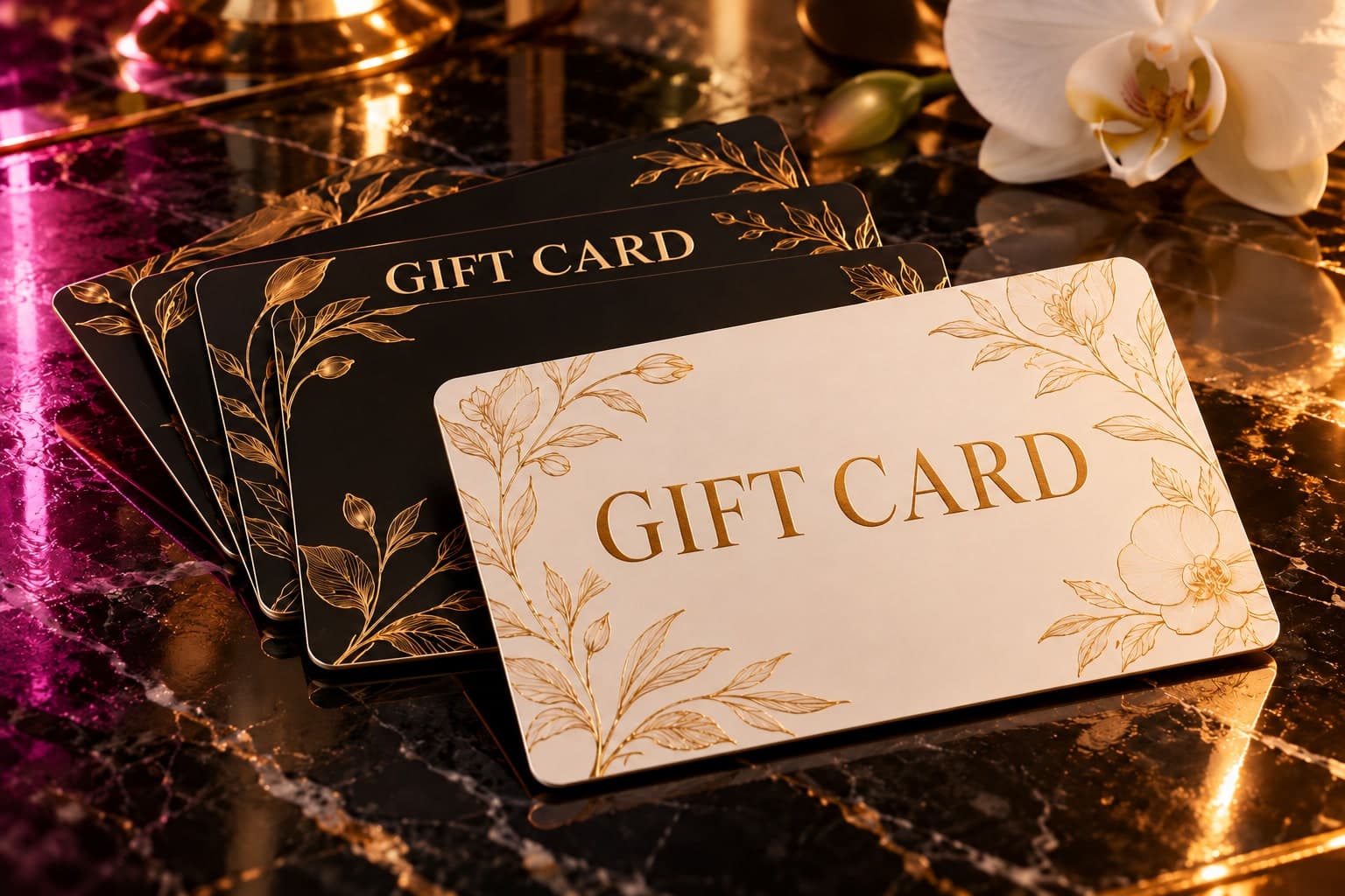 Illustrative black and ivory plastic gift cards with fine gold botanical printed artwork on polished marble
