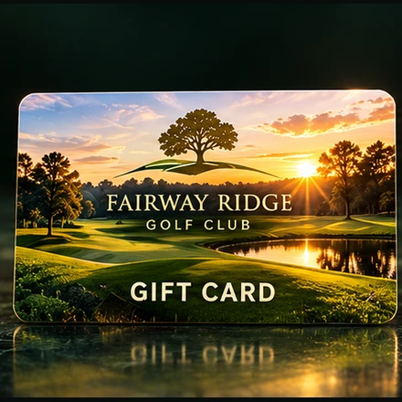 Illustrative Fairway Ridge Golf Club Plastic Gift Cards design in emerald, white and gold