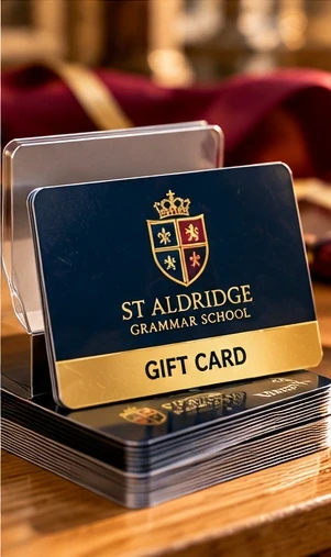 Illustrative St Aldridge Gift Cards with a fictional School Crest and House Colours