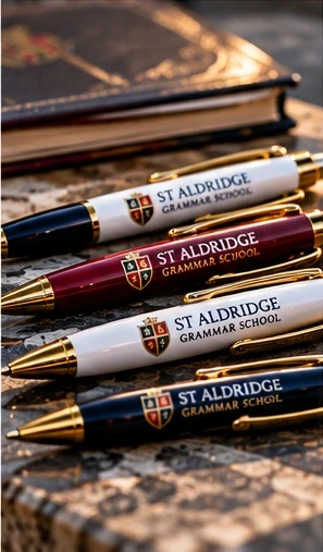 Illustrative St Aldridge Printed Pens with a fictional School Crest and House Colours