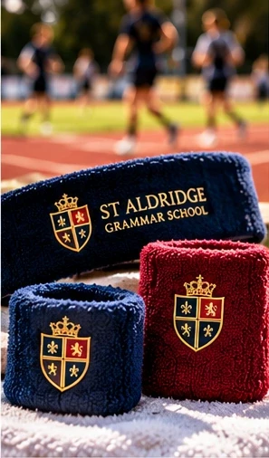 Illustrative St Aldridge Sweatbands & Headbands with a fictional School Crest and House Colours