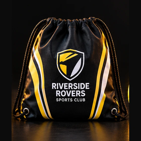 Illustrative Riverside Rovers Custom Printed Drawstring Bags with a black, gold and white club shield