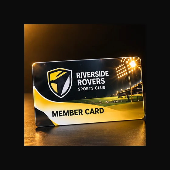 Illustrative Riverside Rovers Custom Sports Club Member Cards with a black, gold and white club shield
