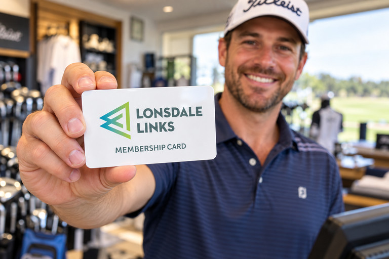 Golfer Holding a Custom Plastic Gift Card for a Golf Links