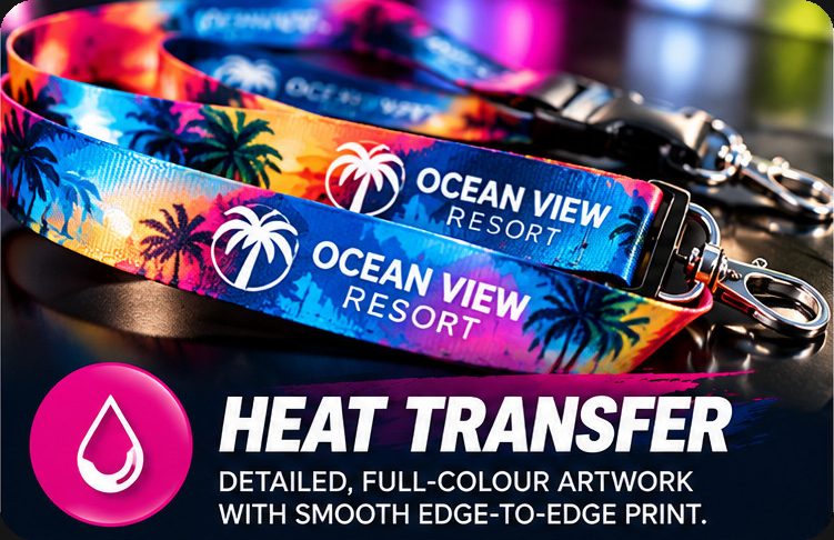 Heat Transfer lanyard: Detailed, full-colour artwork with smooth edge-to-edge print.