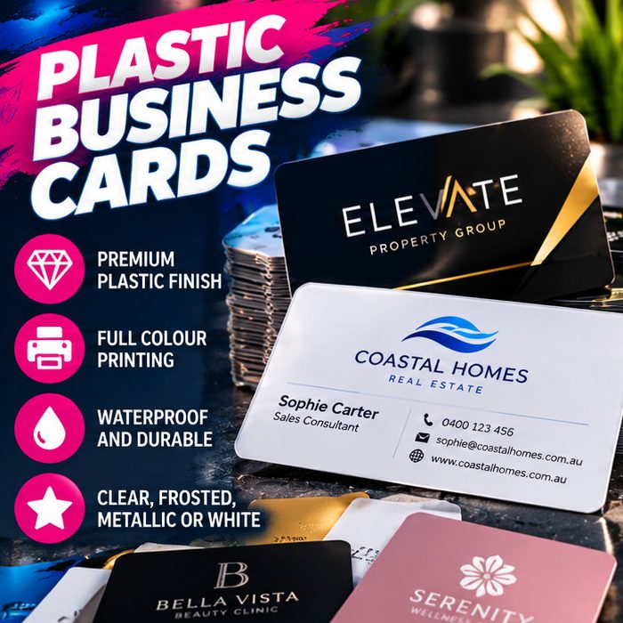 Custom Plastic Business Cards in clear, frosted, metallic or white plastic