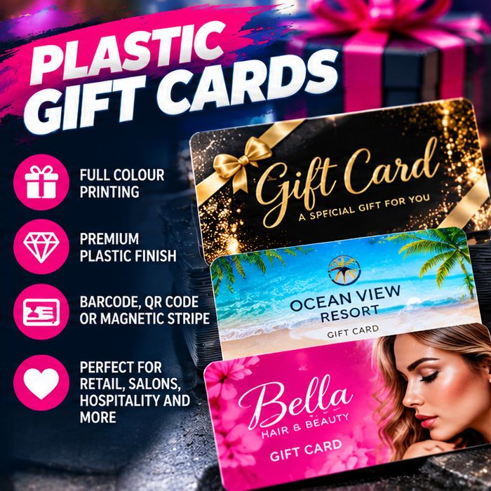 Custom Plastic Gift Cards With Barcode, QR Code or Magnetic Stripe for Retail, Salons and Hospitality
