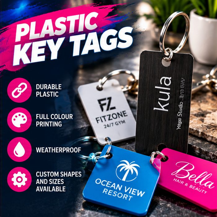 Custom Plastic Key Tags, full colour printed, durable and weatherproof