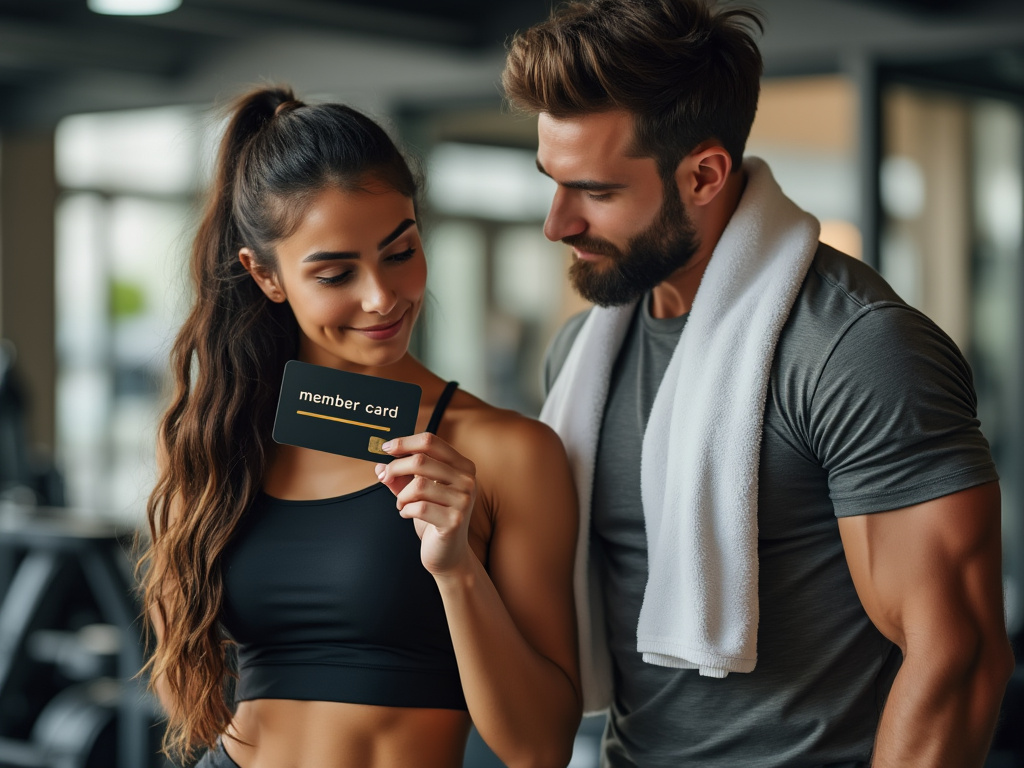Gym members holding a custom plastic membership card